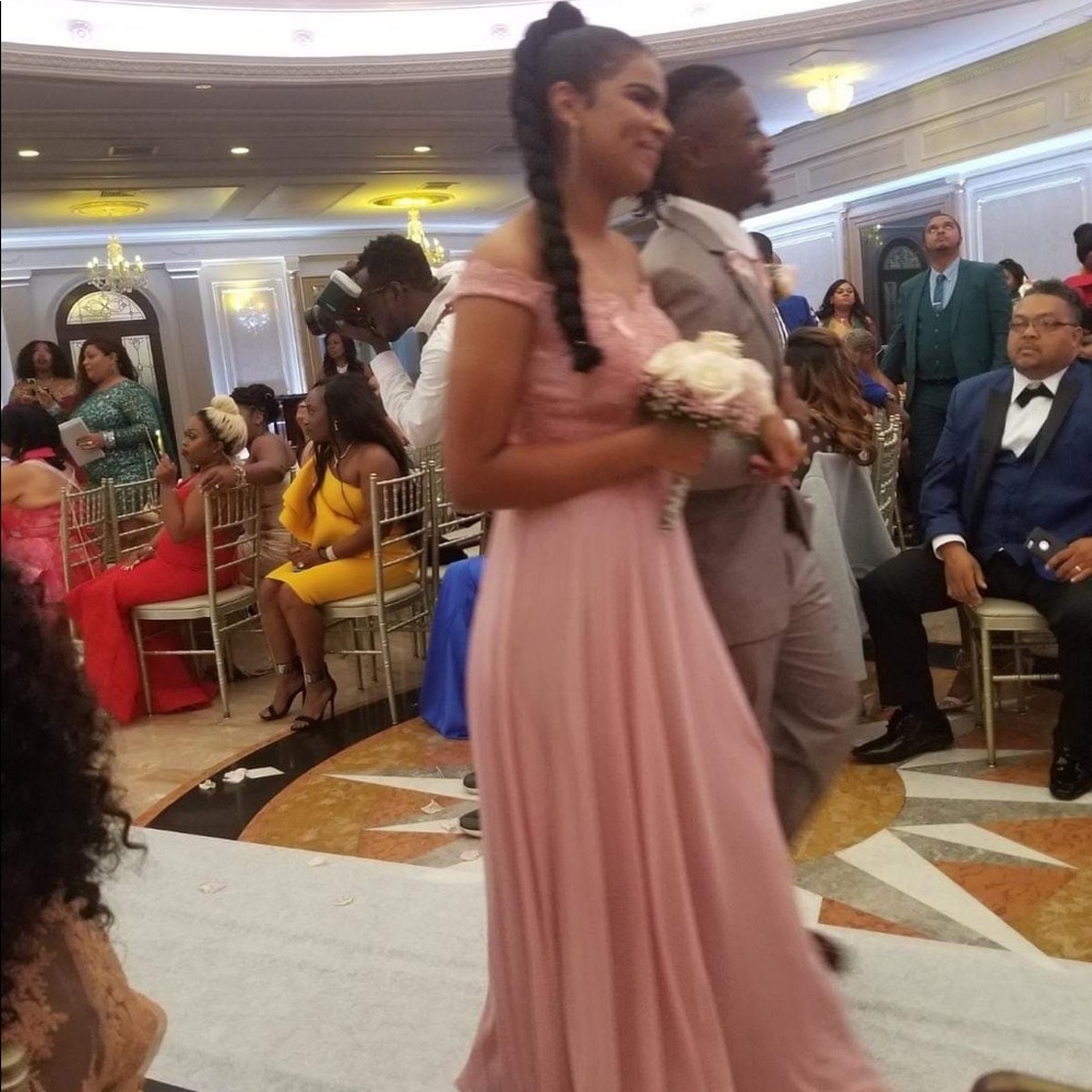 Pink laced detailed off the shoulder prom dress!